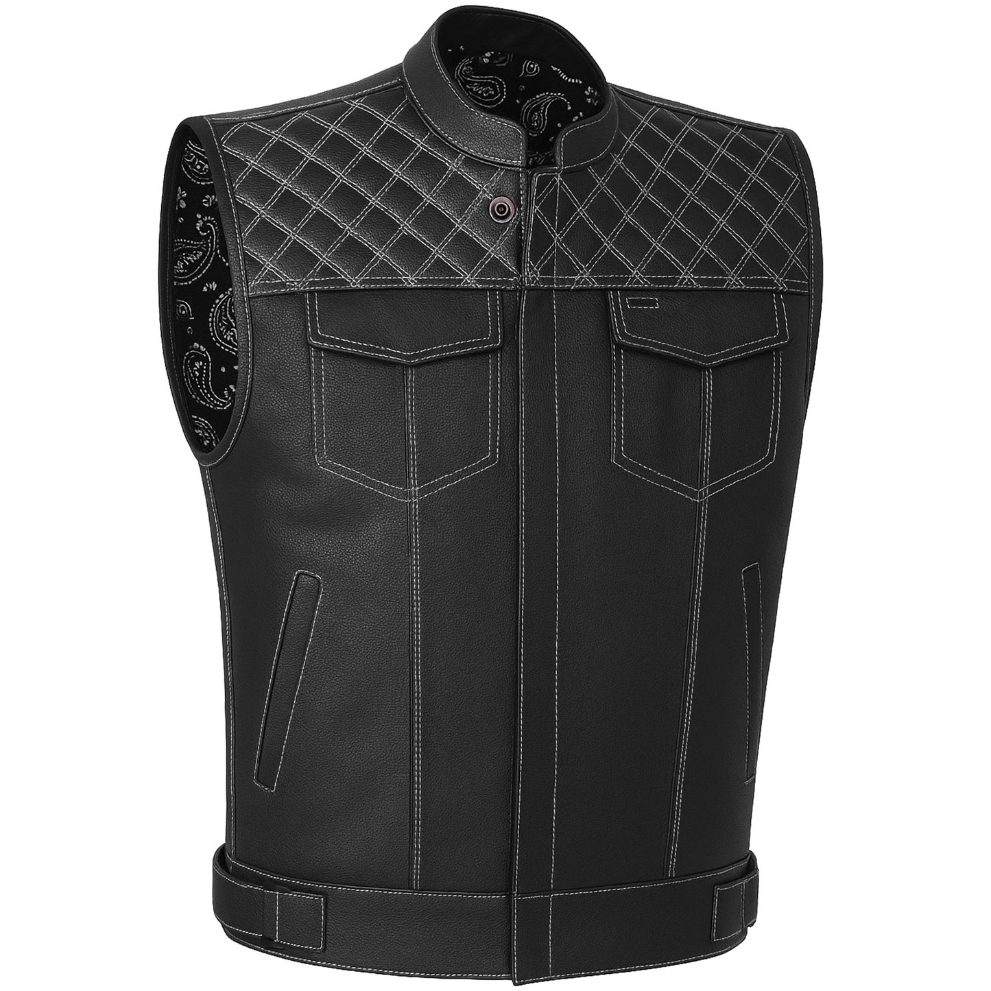 SOA Men's Leather Motorcycle Concealed Gun Pockets Biker Club Vest Paisley White