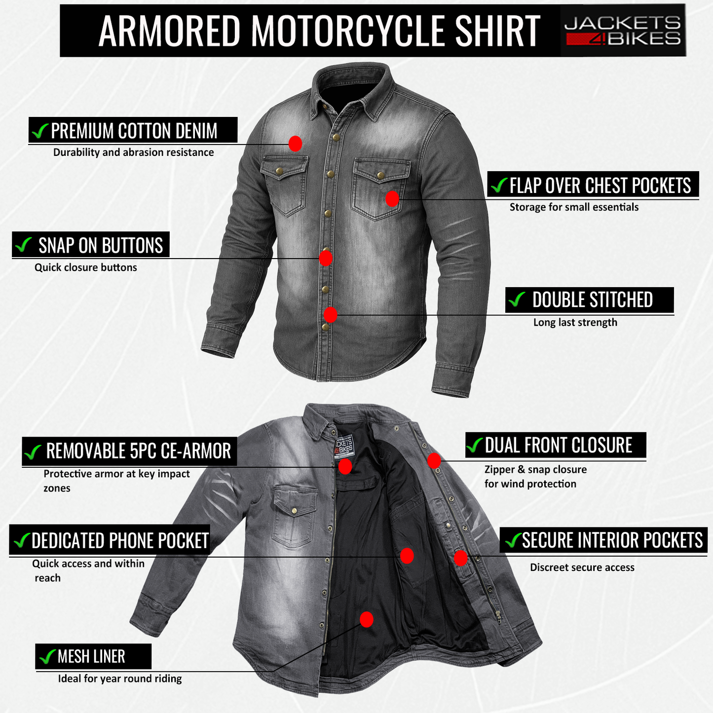 Jackets 4 Bikes PERFORMER Armored Motorcycle Flannel Shirt for Men – CE Armor, Hidden Utility Pockets Ventilated Black