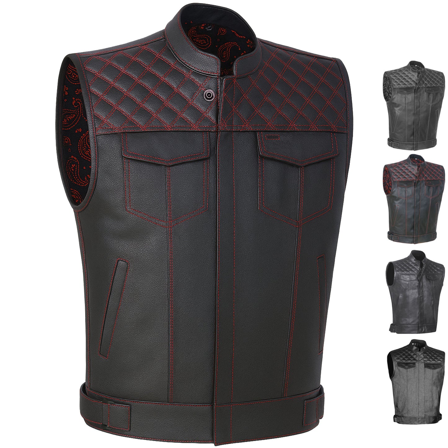 SOA Men's Leather Motorcycle Concealed Gun Pockets Biker Club Vest Paisley Red