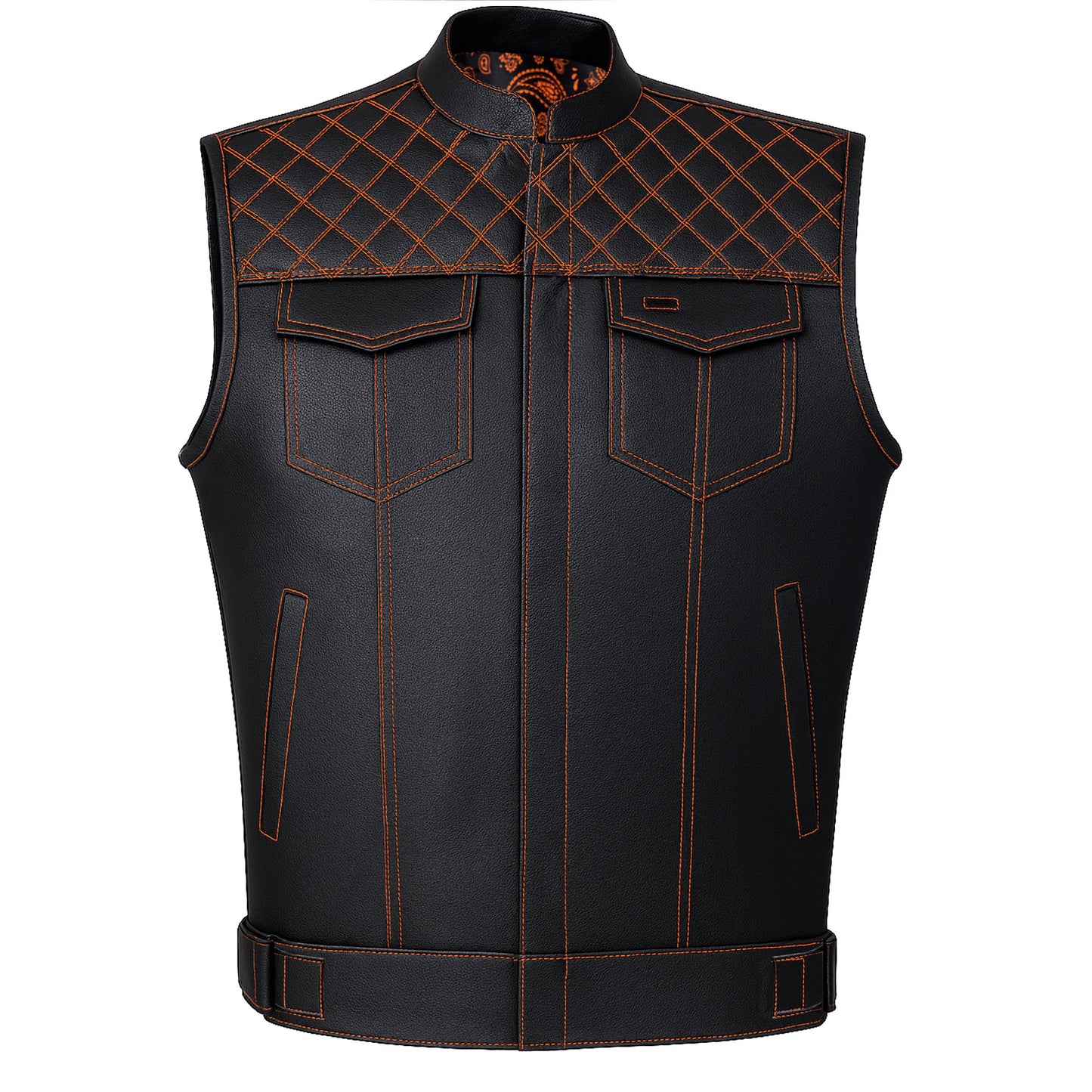 SOA Men's Leather Motorcycle Concealed Gun Pockets Biker Club Vest Paisley Orange