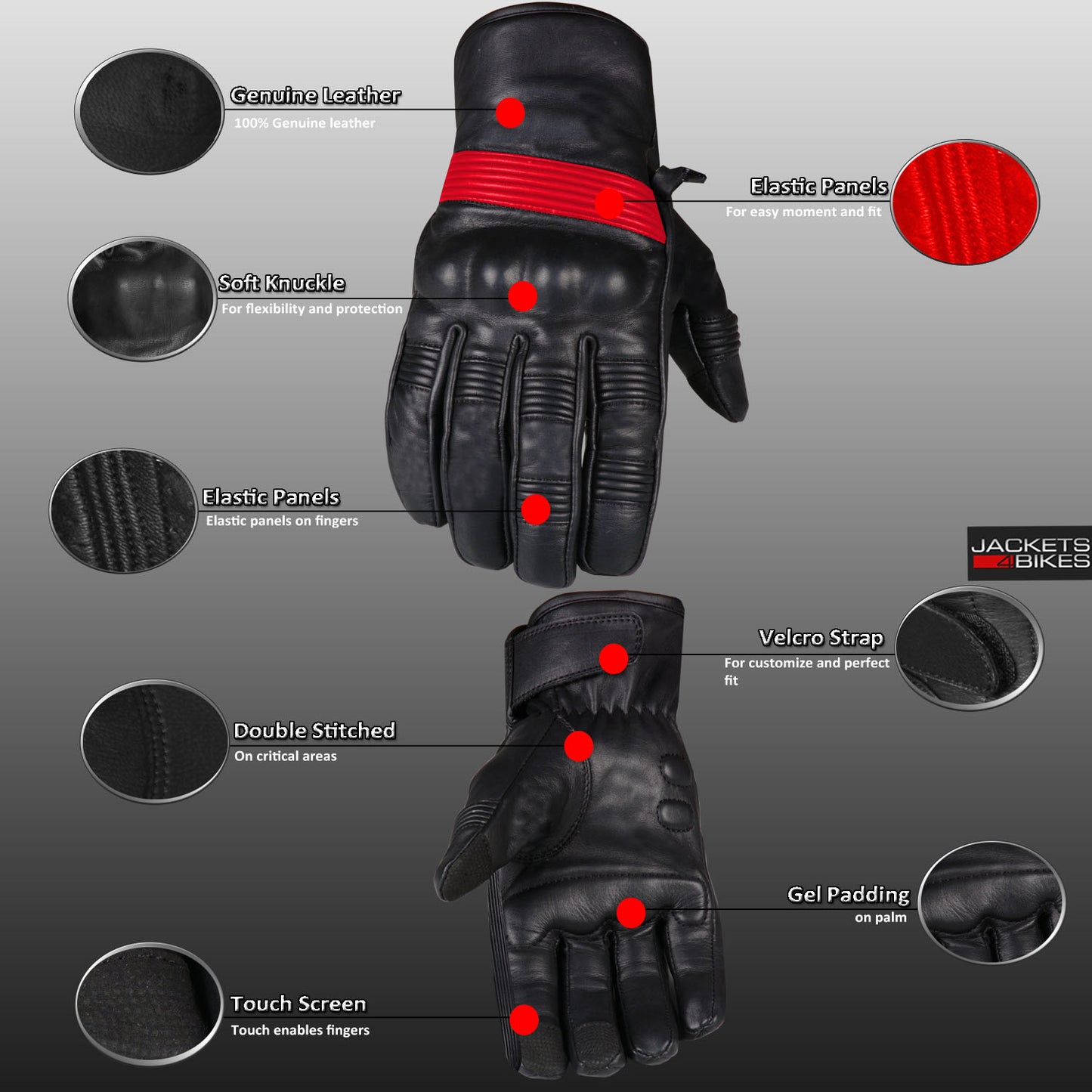 Jackets 4 Bikes Men's Genuine Leather Cruiser Street Biker Padded Gloves BlackRed
