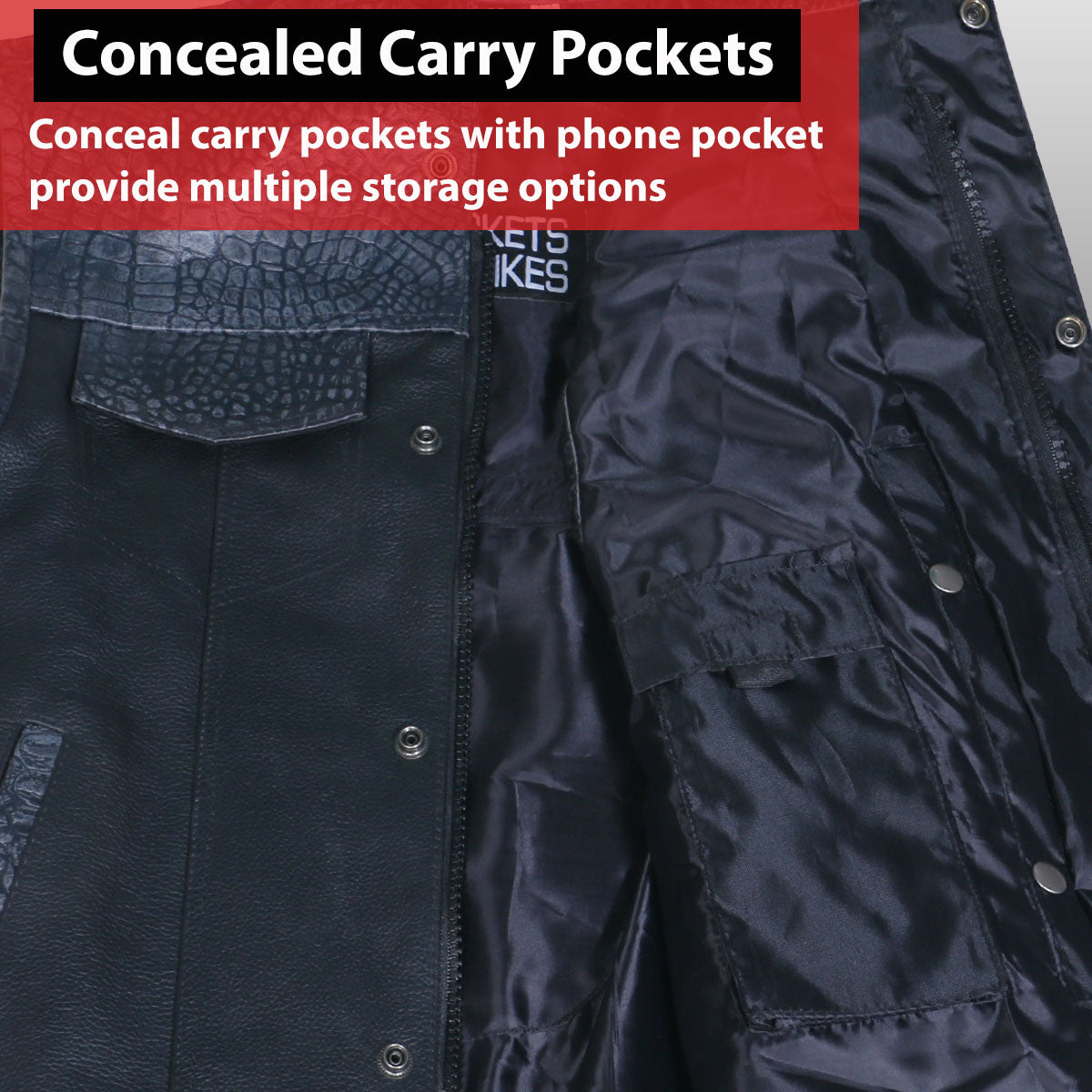 SOA Men's Leather Motorcycle Concealed Gun Pockets Biker Club Vest w/Armor Crocodile Black