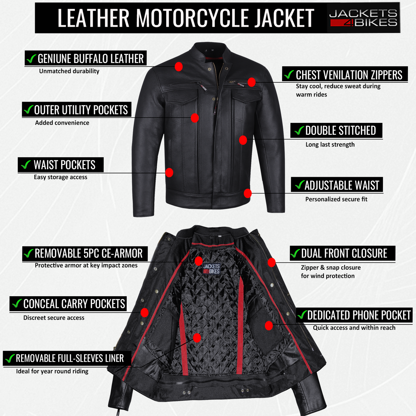 Men's Commuter Premium Natural Buffalo Armor Motorcycle Leather Biker Jacket