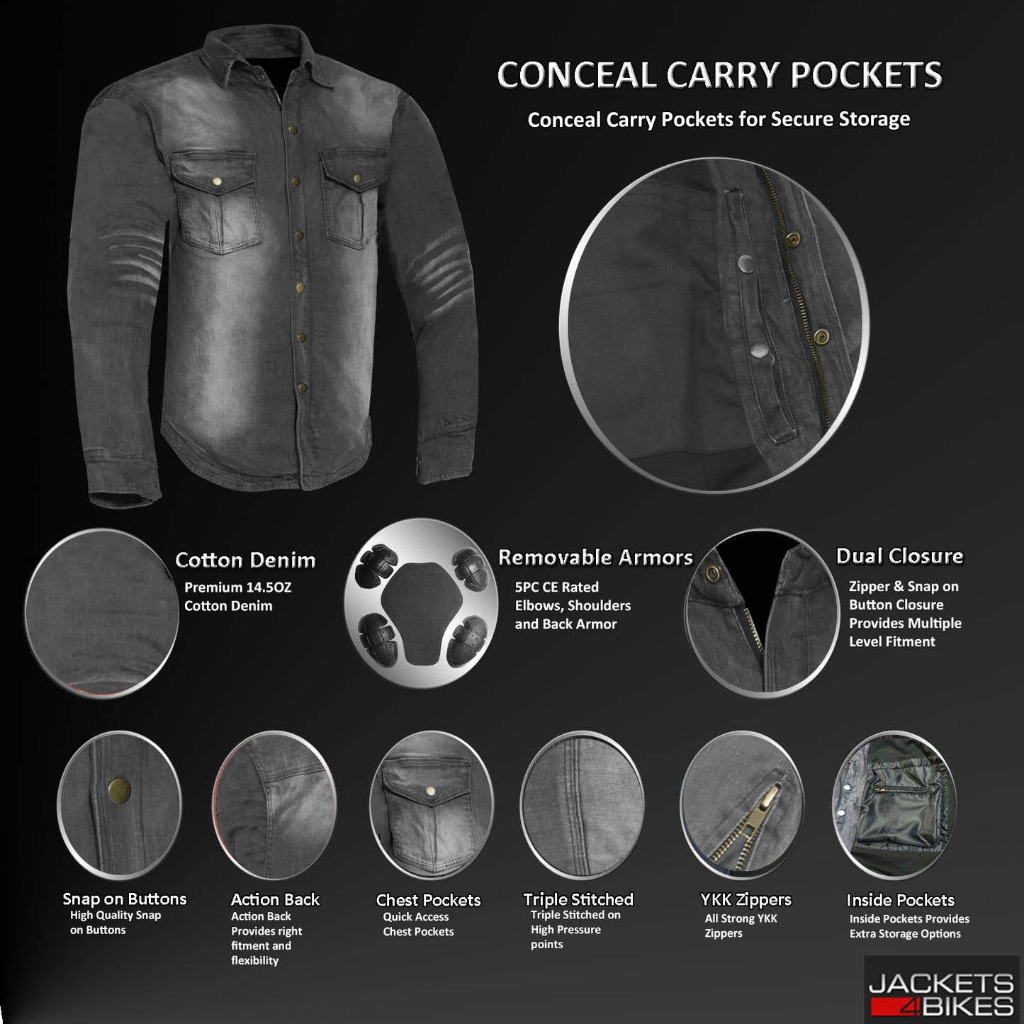 Jackets 4 Bikes Performer Men's Motorcycle Shirt with Level 2 CE Armor Protection, Conceal Carry Pockets Biker Flannel Shirt