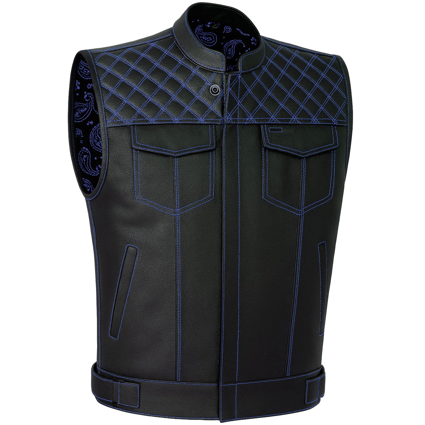 SOA Men's Leather Motorcycle Concealed Gun Pockets Biker Club Vest Paisley Blue