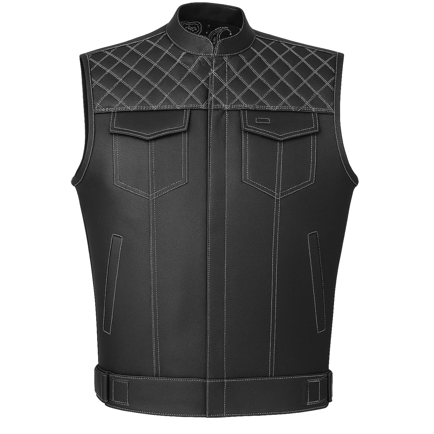 SOA Men's Leather Motorcycle Concealed Gun Pockets Biker Club Vest Paisley White