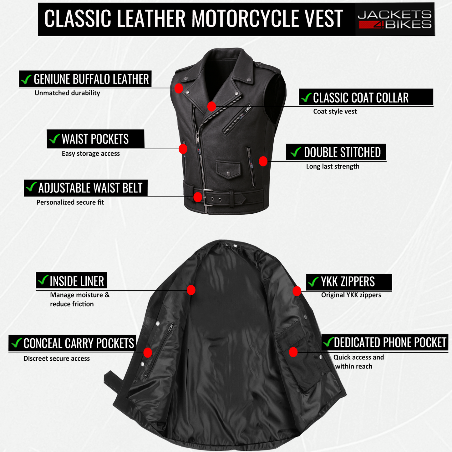 Men's Classic Leather Motorcycle Biker Concealed Carry Vintage Vest Black
