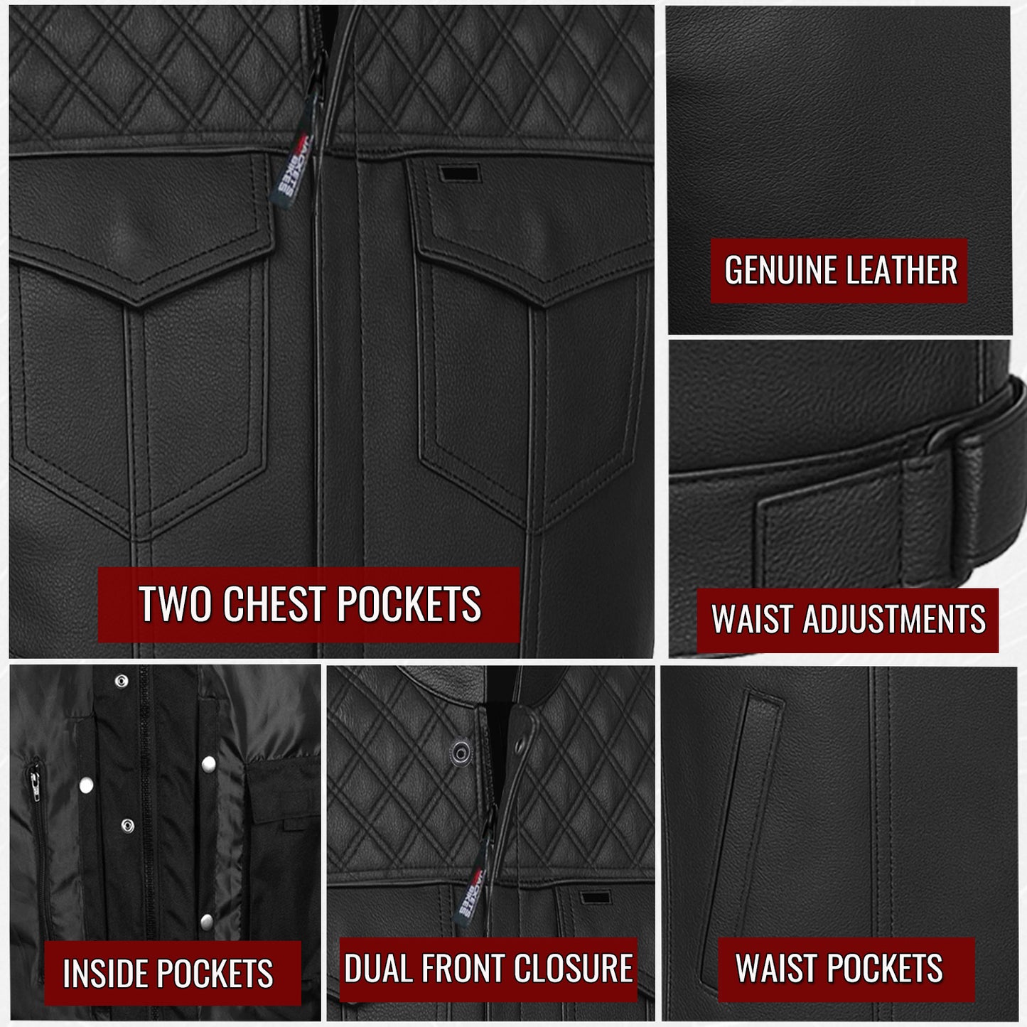 SOA Men's Leather Motorcycle Concealed Gun Pockets Biker Club Vest