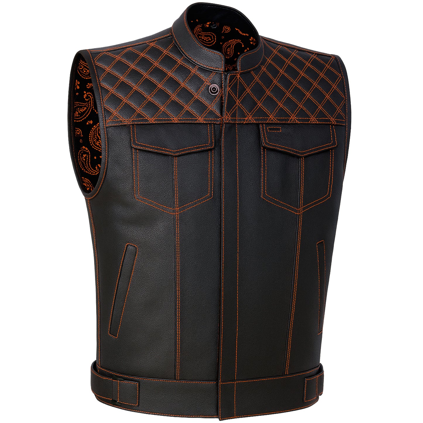 SOA Men's Leather Motorcycle Concealed Gun Pockets Biker Club Vest Paisley Orange