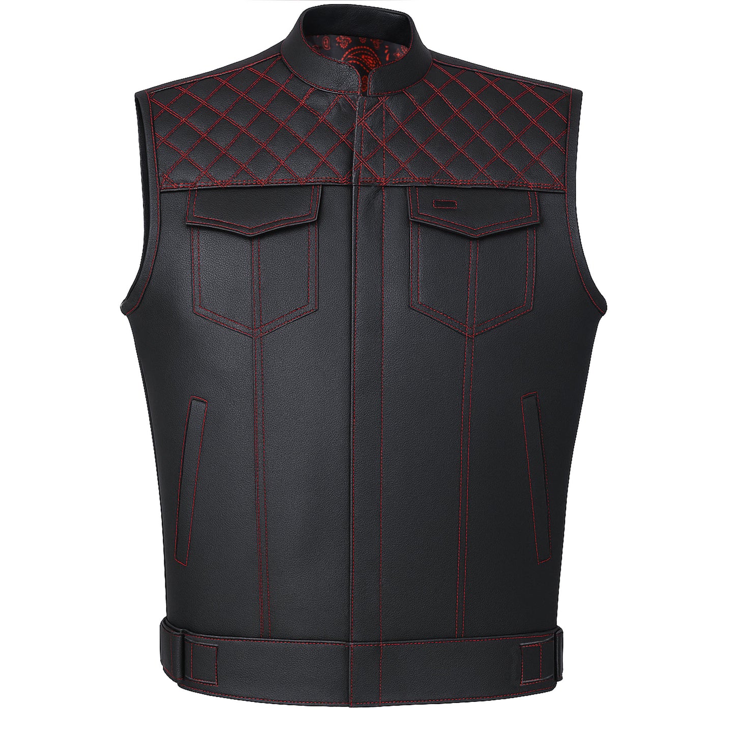SOA Men's Leather Motorcycle Concealed Gun Pockets Biker Club Vest Paisley Red