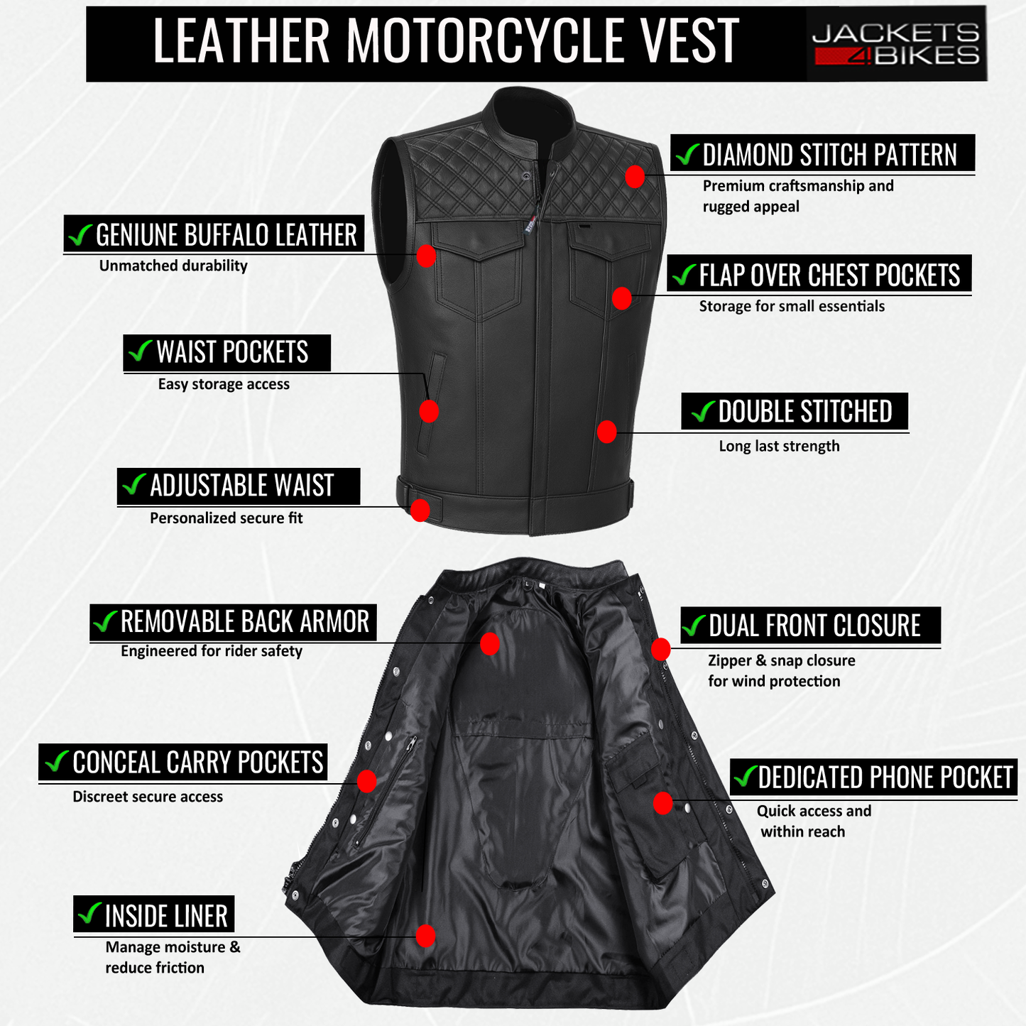 SOA Men's Leather Motorcycle Concealed Gun Pockets Biker Club Vest