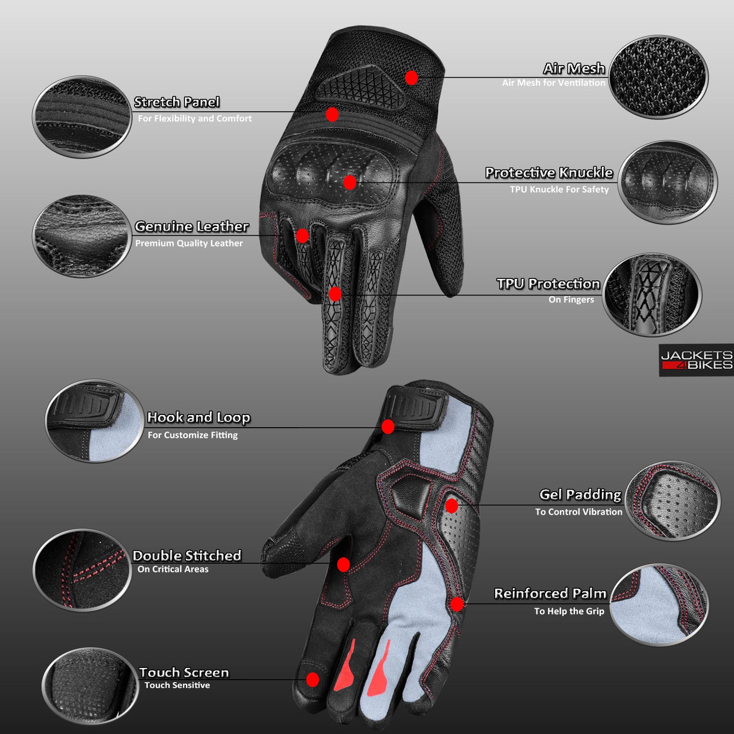 Jackets 4 Bikes Men Motorcycle Gloves Premium Leather Touchscreen Cruising Street Riding Red