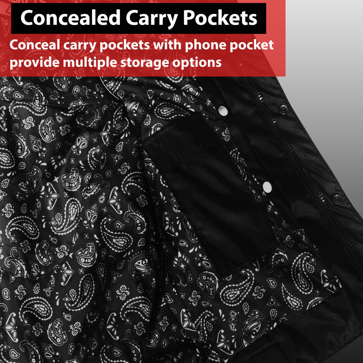 SOA Men's Leather Motorcycle Concealed Gun Pockets Biker Club Vest Paisley White