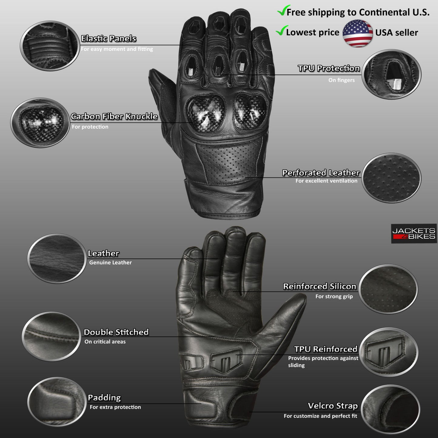 Men Aniline Cowhide Motorcycle Leather Gloves with Sliders BlackWhite