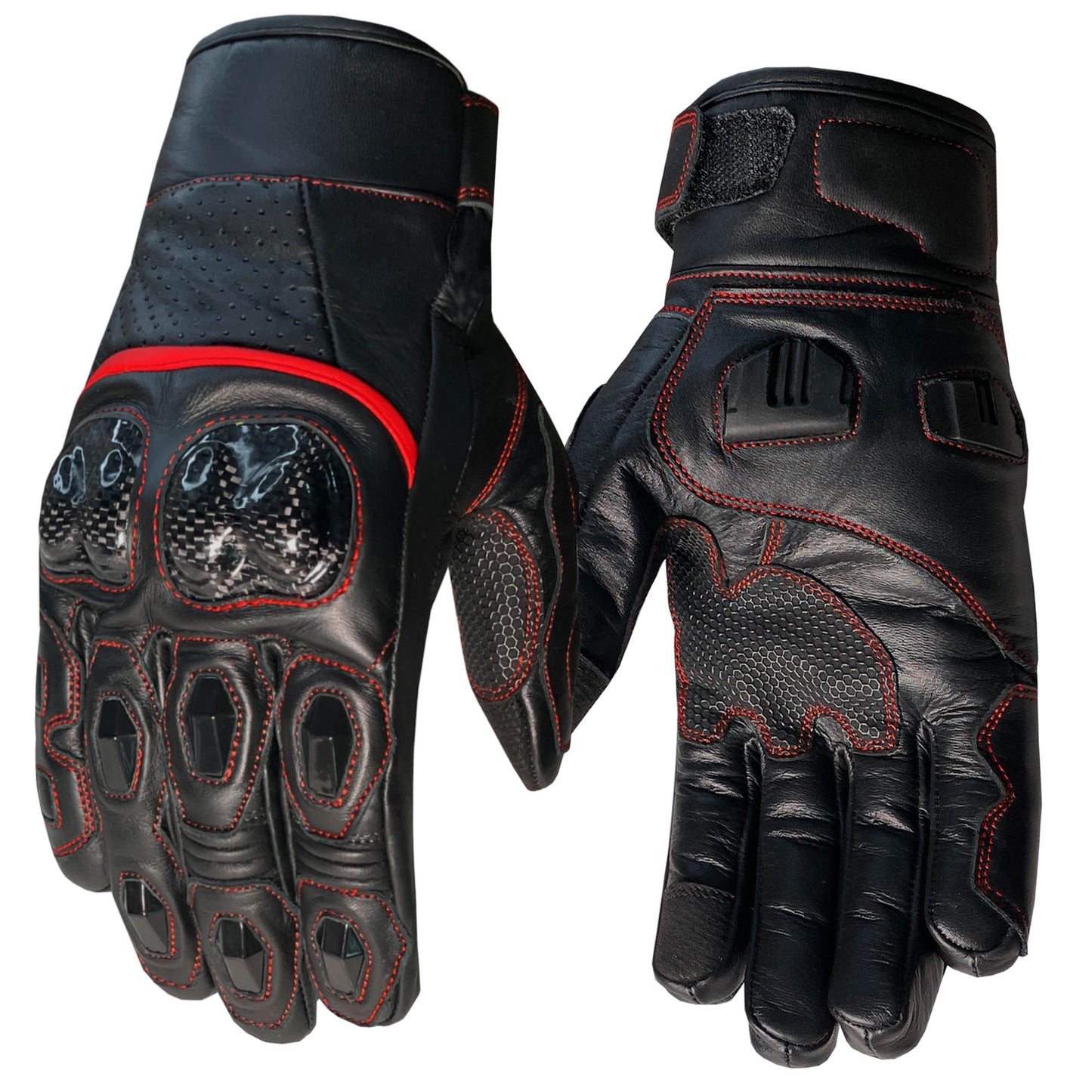 Men Aniline Cowhide Motorcycle Leather Gloves with Sliders BlackRed