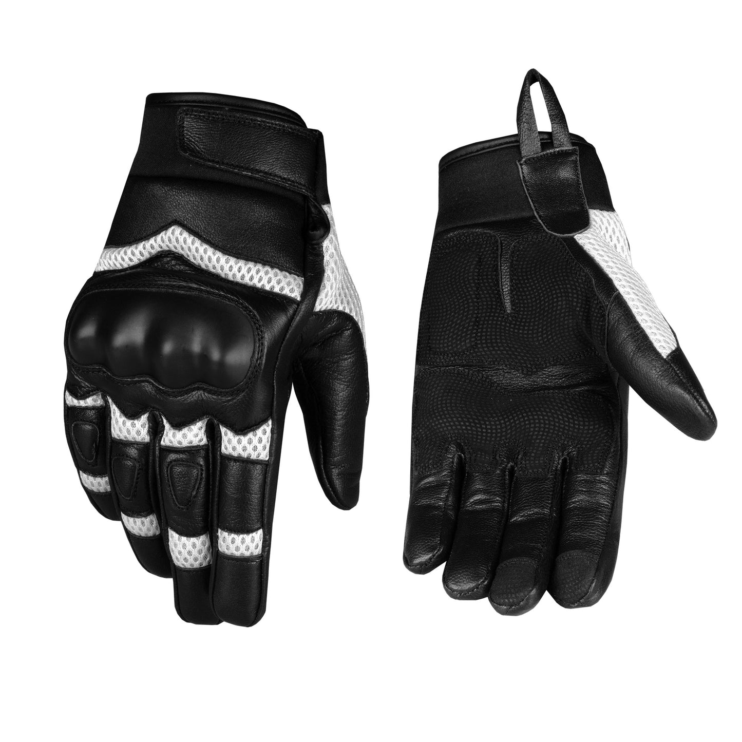 Men's Touchscreen Leather & Mesh Motorcycle Cruiser Riding Gloves White