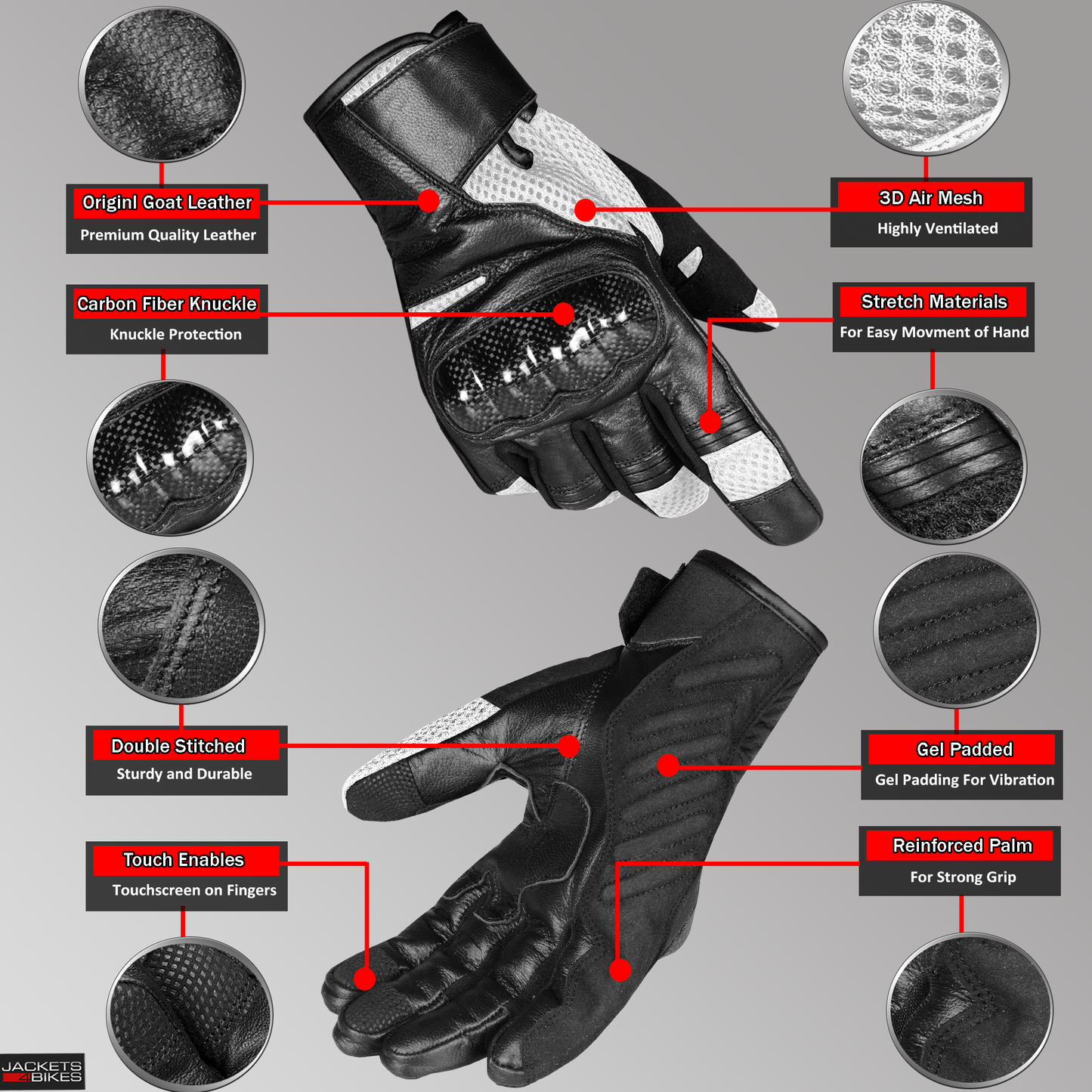Jackets 4 Bikes Men's AirGrp Motorcycle Gloves Touchscreen Leather Street Cruiser Dirt Bike Protective Breathable White