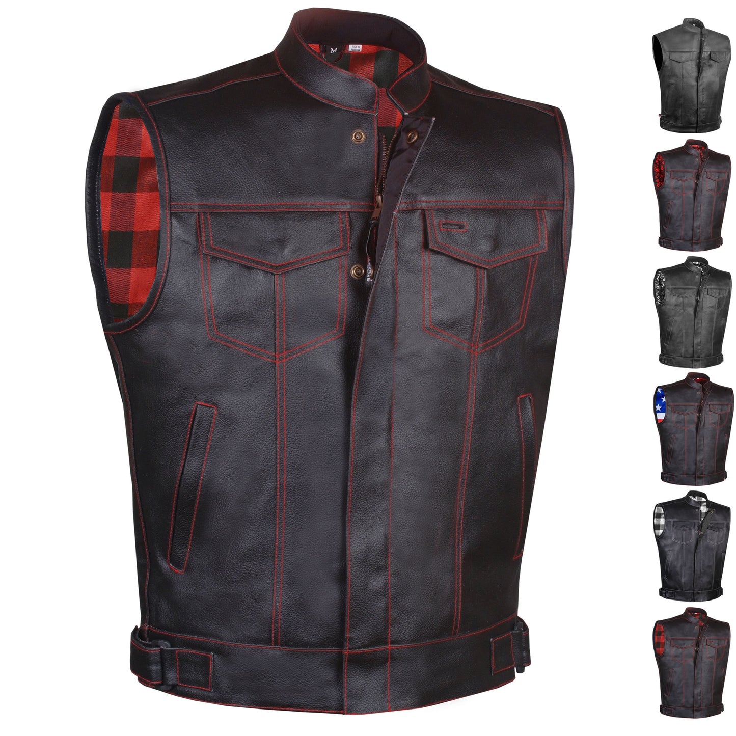 Men's ARMOR Leather SOA Anarchy Motorcycle Biker Club Concealed Carry Vest Flannel Red