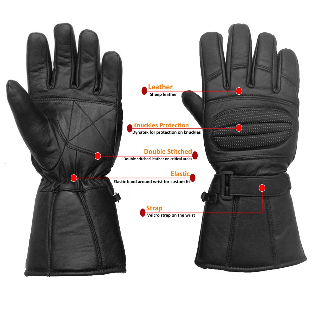 LEATHER GLOVES GAUNTLET for BIKER MOTORCYCLE SCOOTER HEAVY DUTY WINTER BLACK