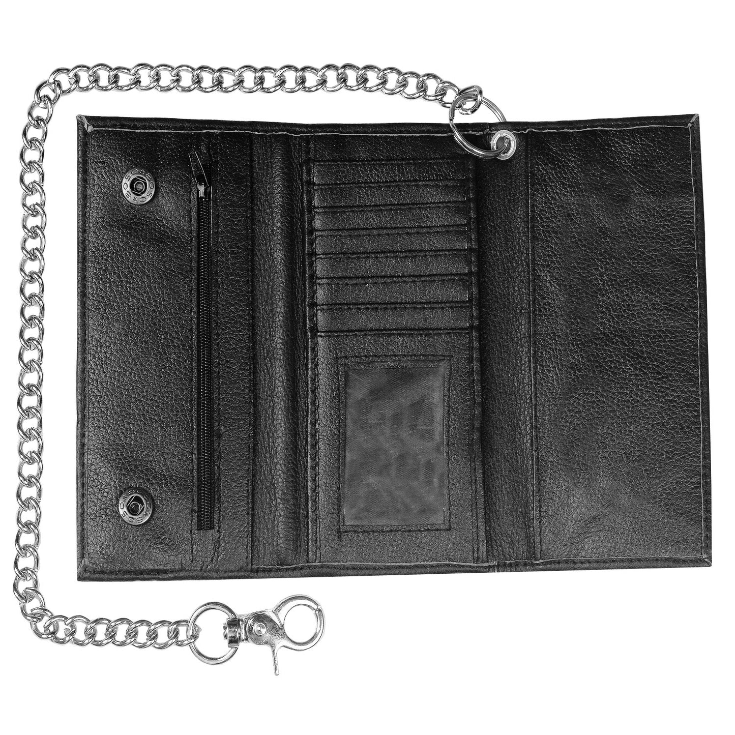 Cowhide Genuine Leather Trifold Metal Chain Biker Tall Core Trucker Wallet
