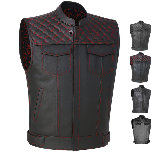 SOA Men's Leather Motorcycle Concealed Gun Pockets Biker Club Vest Paisley Red
