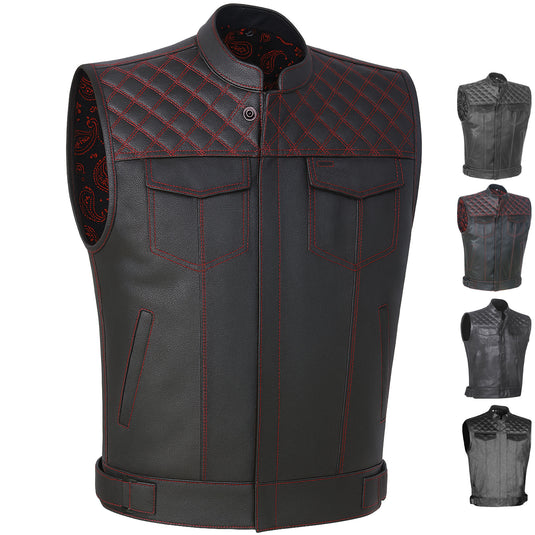 SOA Men's Leather Motorcycle Concealed Gun Pockets Biker Club Vest Paisley Red