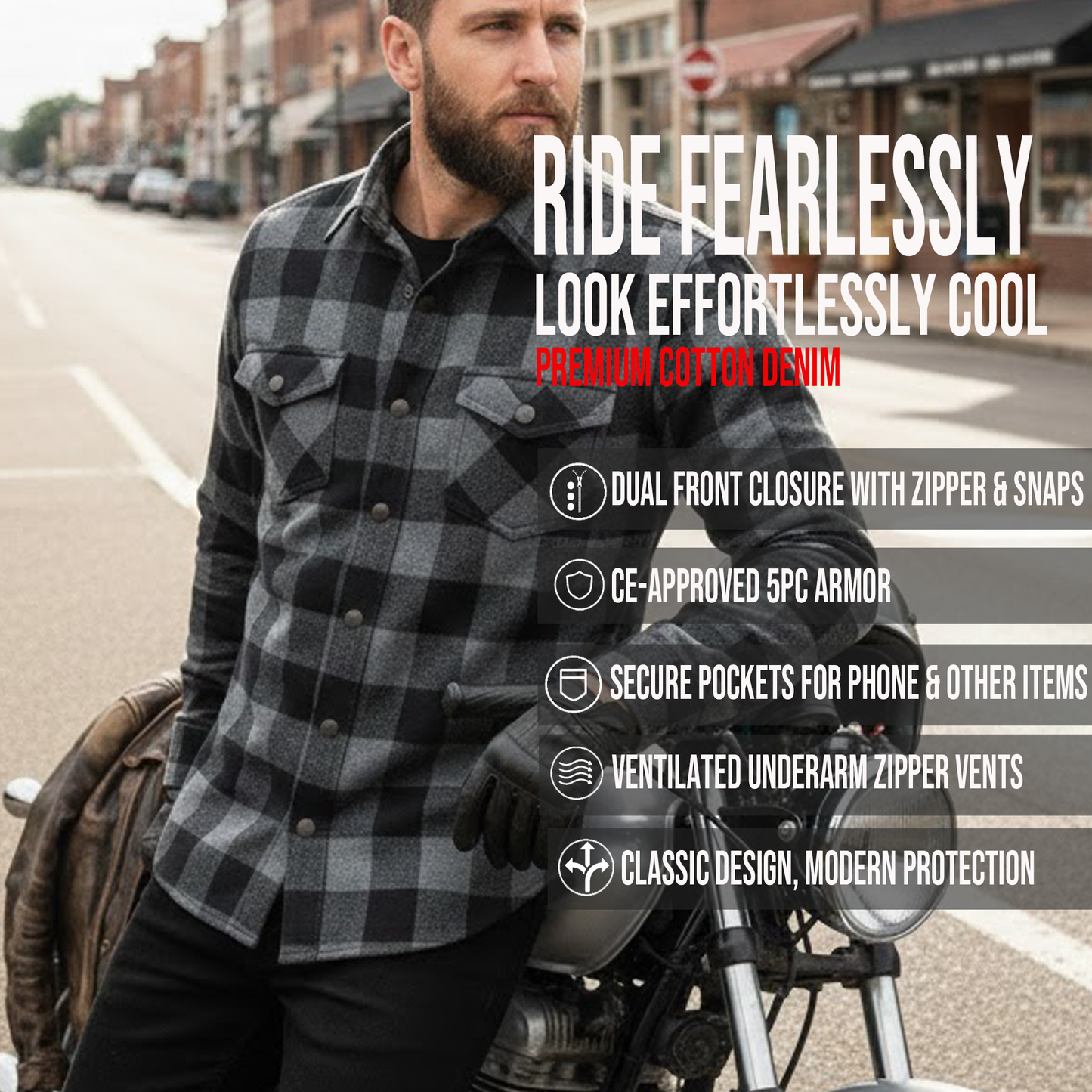 Jackets 4 Bikes PERFORMER Armored Motorcycle Flannel Shirt for Men – CE Armor, Hidden Utility Pockets Ventilated Flannel Gray