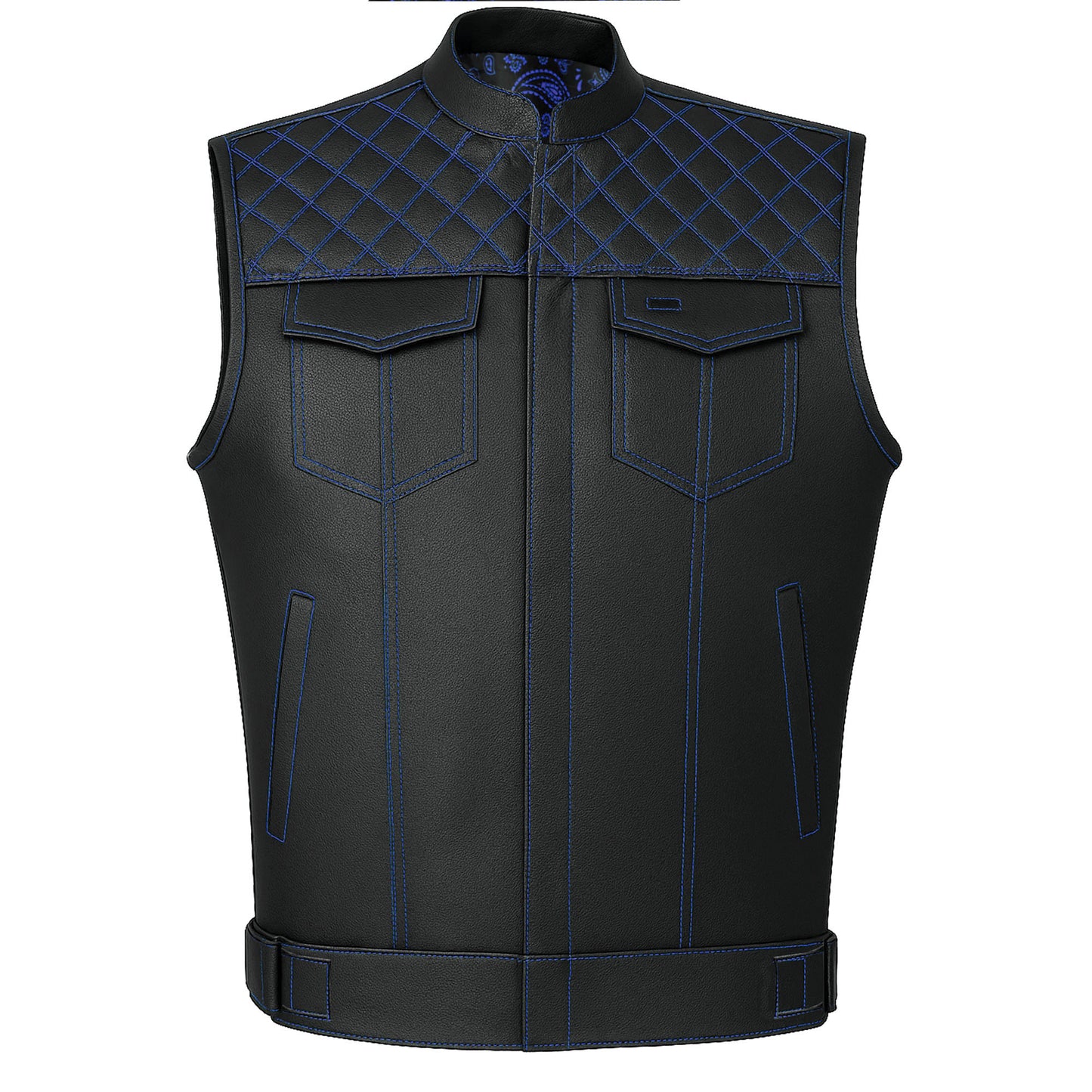 SOA Men's Leather Motorcycle Concealed Gun Pockets Biker Club Vest Paisley Blue