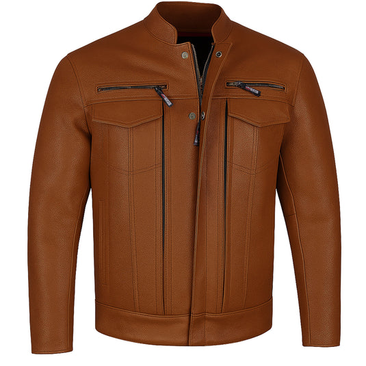 Men's Commuter Premium Natural Buffalo Armor Motorcycle Leather Biker Jacket Tan