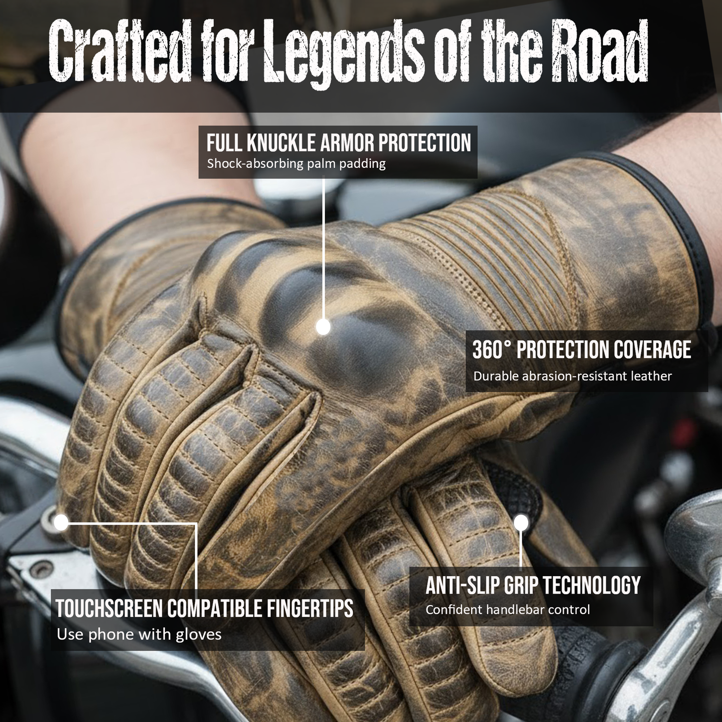 Jackets 4 Bikes Throttle Motorcycle Gloves for Men - Leather Motorbike Riding Gloves, Touchscreen, Anti-Slip, Street Cruiser Riders