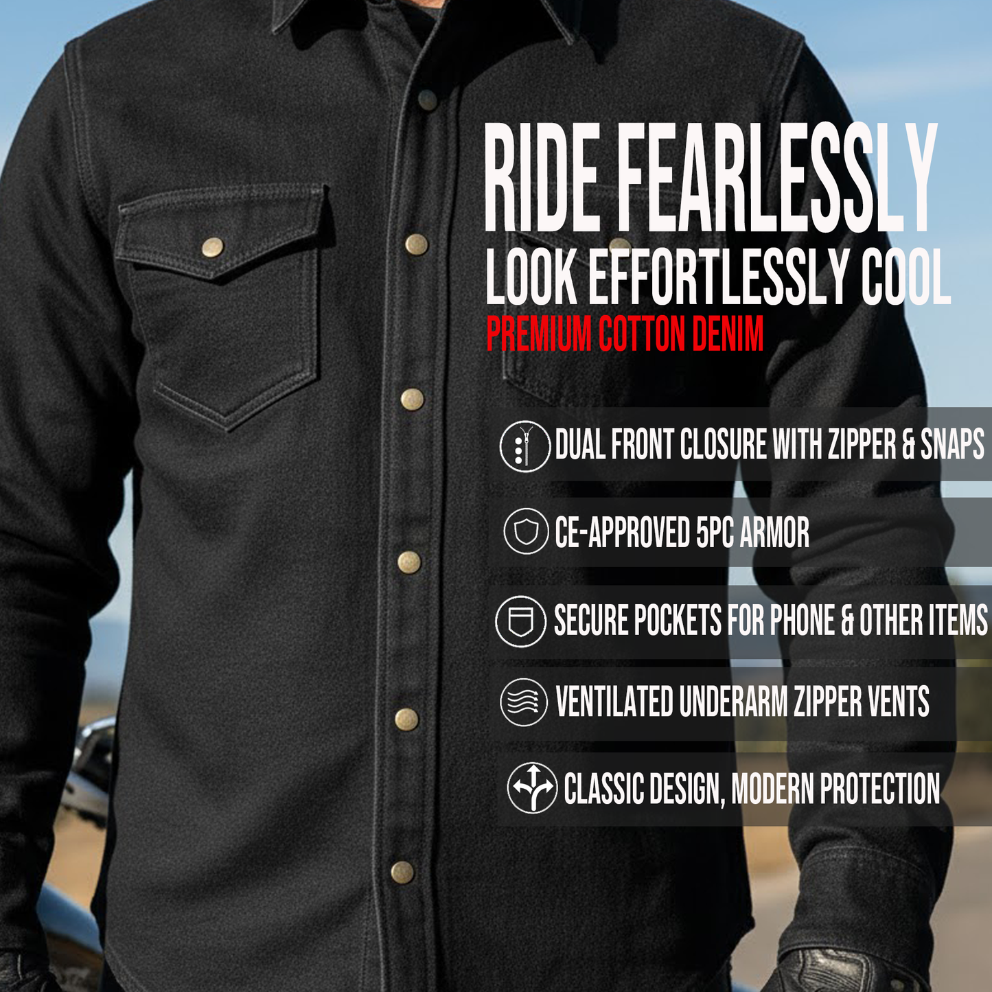 Jackets 4 Bikes PERFORMER Armored Motorcycle Flannel Shirt for Men – CE Armor, Hidden Utility Pockets Ventilated Black