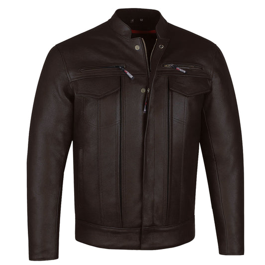 Men's Commuter Premium Natural Buffalo Armor Motorcycle Leather Biker Jacket Brown