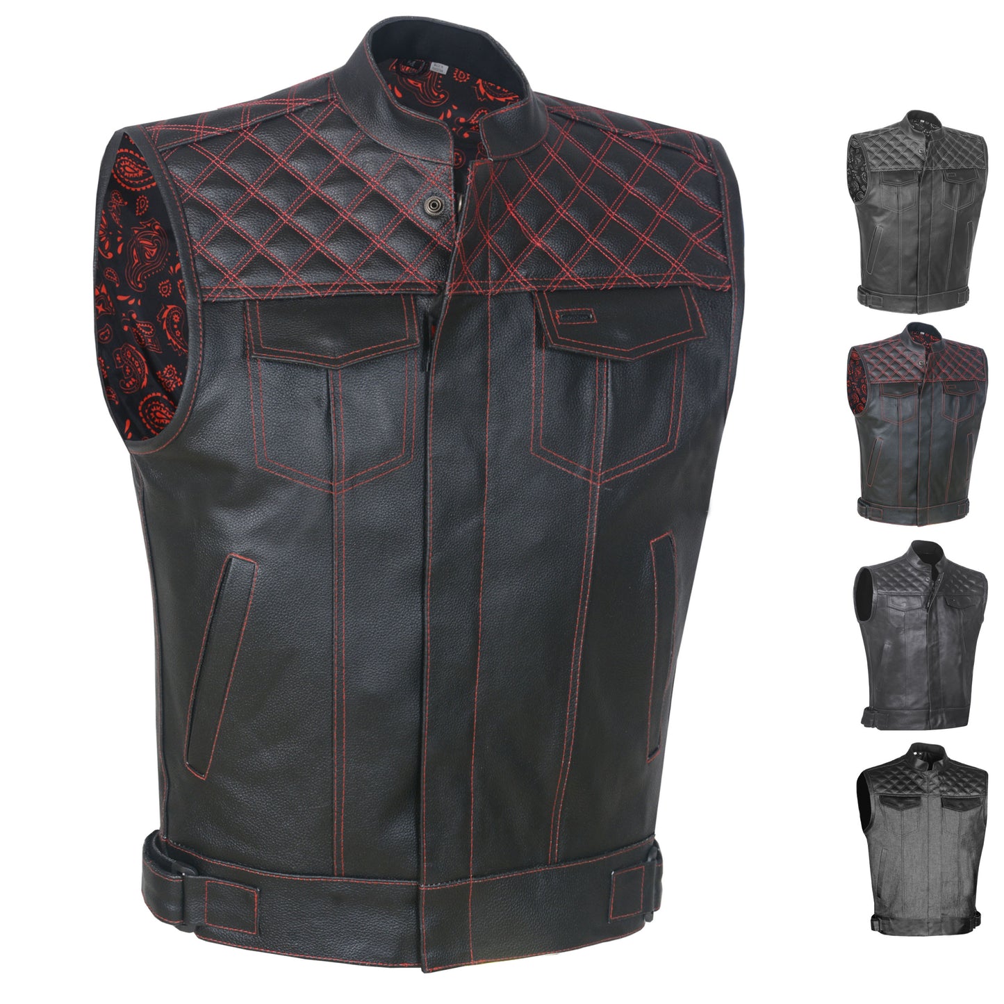 SOA Men's Leather Motorcycle Concealed Gun Pockets Biker Club Vest Paisley Red