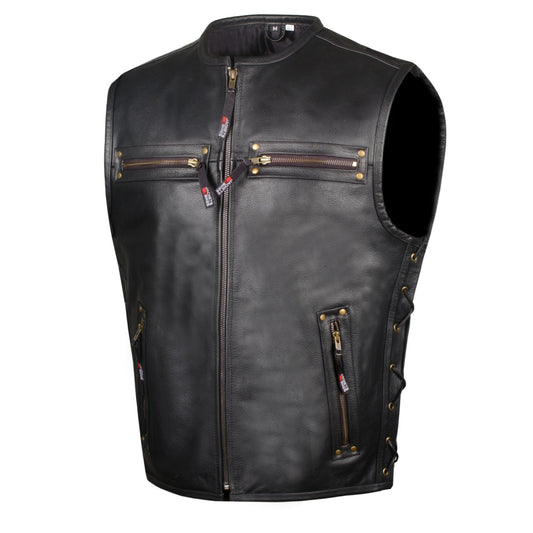 Men's Motorcycle Buffalo Leather Gun Pocket Armor Biker Club Vest Side Laces
