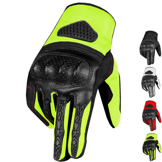 Jackets 4 Bikes Men Motorcycle Gloves Premium Leather Touchscreen Cruising Street Riding HiVis Green