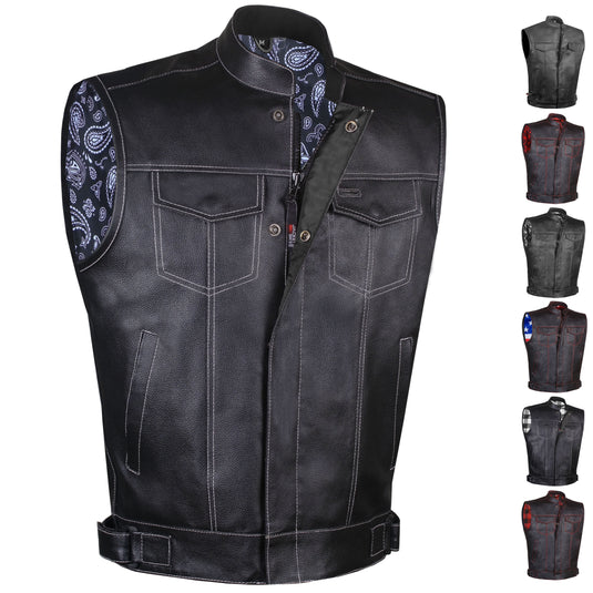 Men's ARMOR Leather SOA Anarchy Motorcycle Biker Club Concealed Carry Vest Paisley White