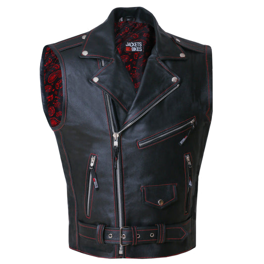 Men's Classic Leather Motorcycle Biker Concealed Carry Vintage Vest Paisley Red