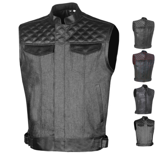 Men's Leather Motorcycle Concealed Gun Pockets Biker Club Vest Leather Denim