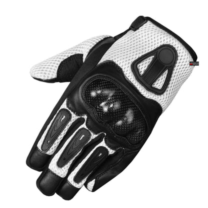 New Men Short Motorcycle Leather Mesh Gloves White Carbon Fiber