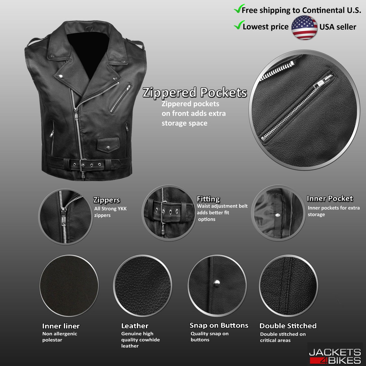 Men's Classic Leather Motorcycle Biker Concealed Carry Side Laces Vest Black