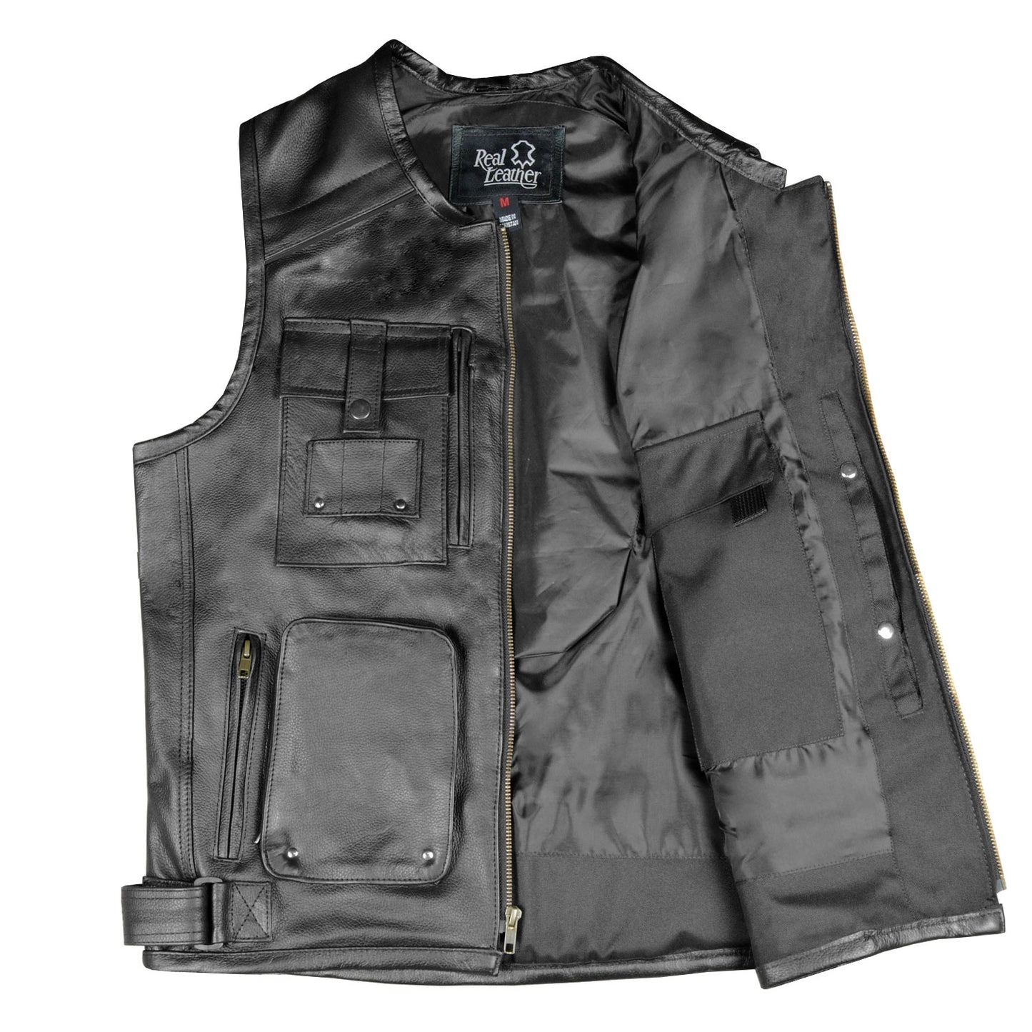 Men's Assault Motorcycle Leather Gun Pocket Biker Club Cruiser Armor Vest