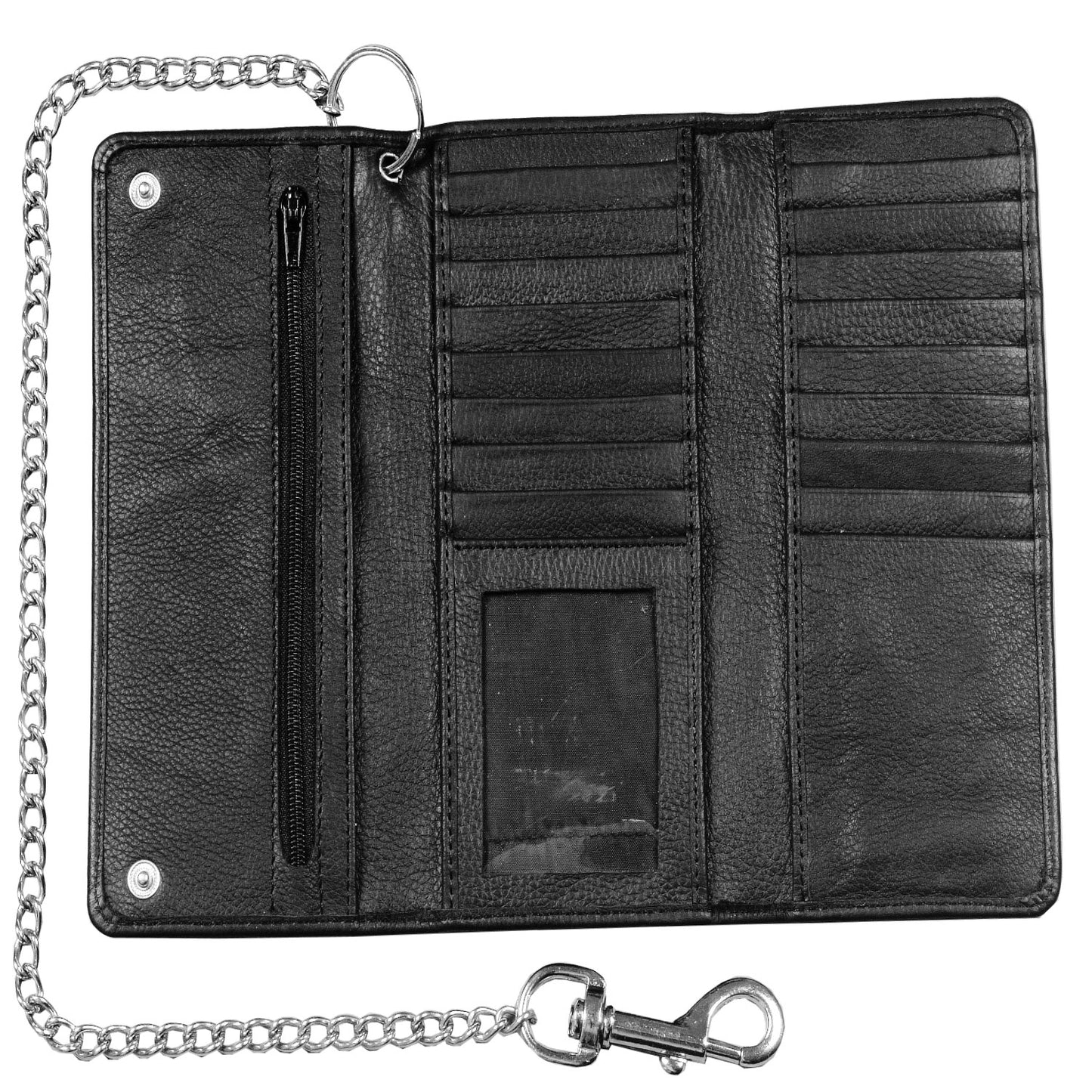 Genuine Cowhide Leather Trifold Long Metal Chain Motorcycle Biker Trucker Wallet