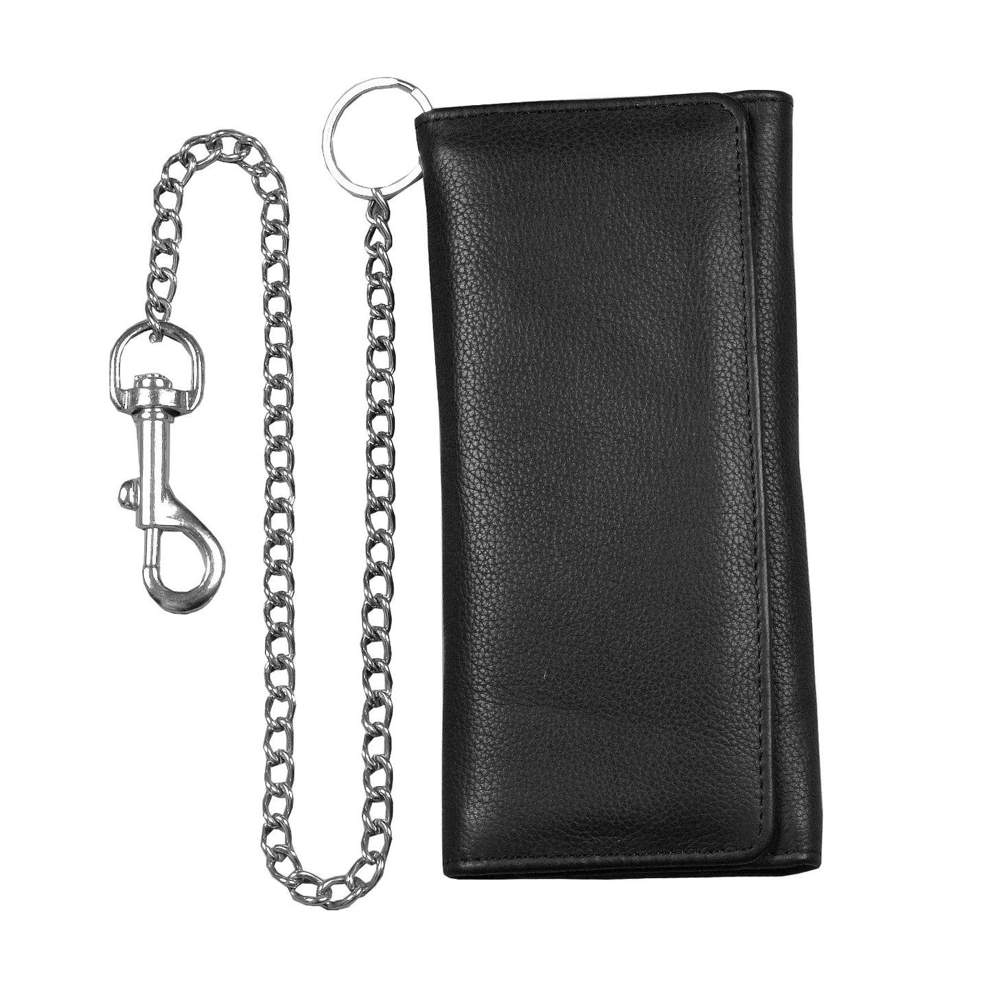 Genuine Cowhide Leather Trifold Long Metal Chain Motorcycle Biker Trucker Wallet